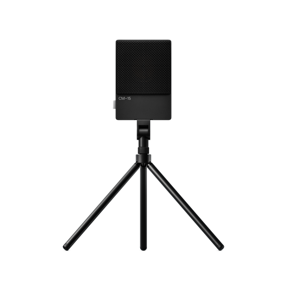 Black Teenage Engineering CM-15 field microphone mounted via standard adapter onto the matching black Tripod Mini stand front view