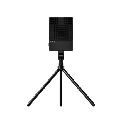 Black Teenage Engineering CM-15 field microphone mounted via standard adapter onto the matching black Tripod Mini stand front view