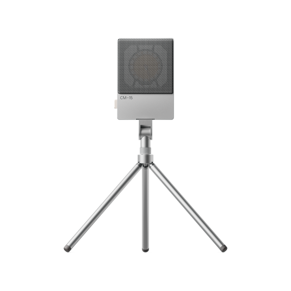 Teenage Engineering CM-15 field microphone mounted via adapter to the Tripod Mini stand straight front view