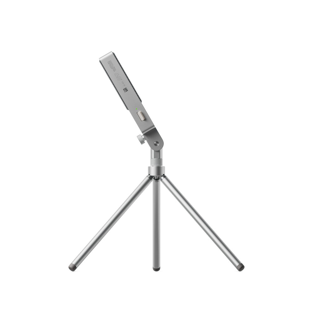 Teenage Engineering CM-15 field microphone on Tripod Mini stand demonstrating adjustable tilt range forward and back side view