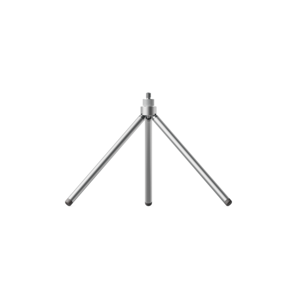 Teenage Engineering Tripod Mini compact aluminum microphone stand in fully open desktop tripod configuration on white background