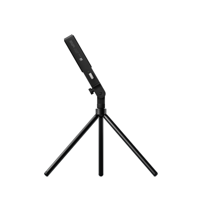 Side view of black Teenage Engineering CM-15 microphone on Tripod Mini stand demonstrating adjustable 90 degree forward and 110 degree backward tilt