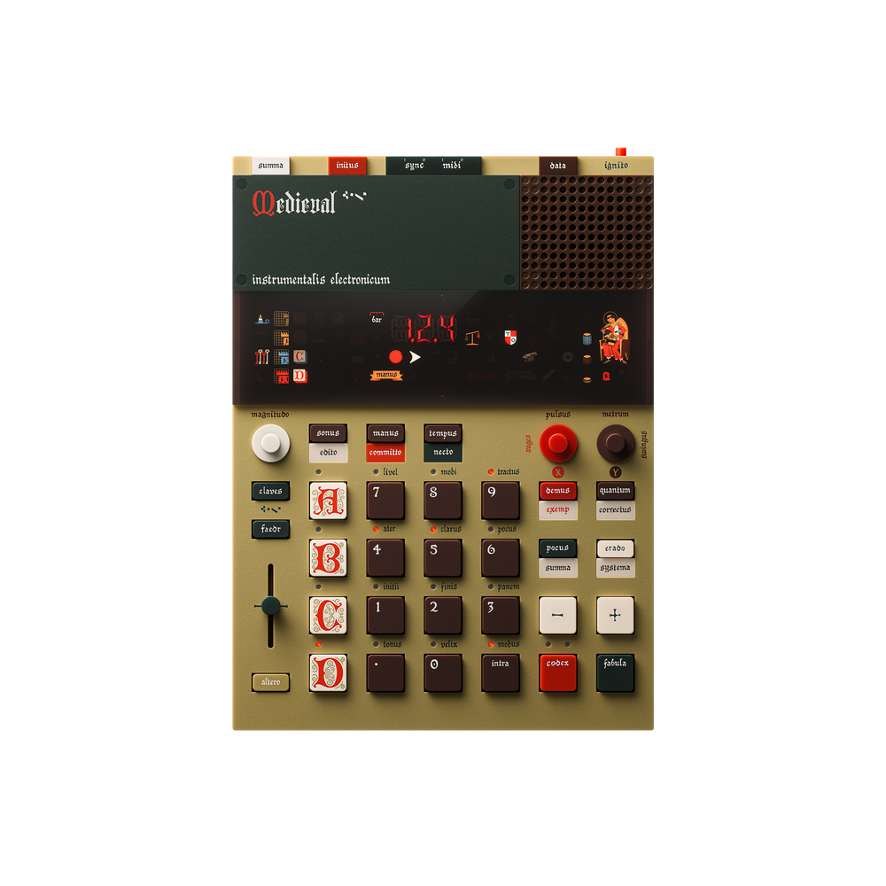 Front view of the Teenage Engineering EP-1320 Medieval electronic instrument showing its beige chassis, custom Latin illuminated-manuscript style keys, and segment display