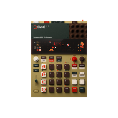 Front view of the Teenage Engineering EP-1320 Medieval electronic instrument showing its beige chassis, custom Latin illuminated-manuscript style keys, and segment display