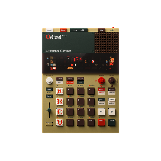 Front view of the Teenage Engineering EP-1320 Medieval electronic instrument showing its beige chassis, custom Latin illuminated-manuscript style keys, and segment display