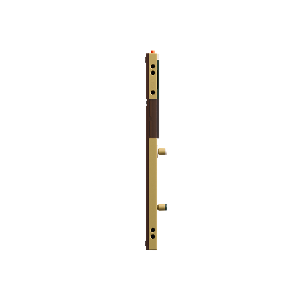 Side profile view of the slim Teenage Engineering EP-1320 Medieval groovebox highlighting its two-tone brown and beige layout and low-profile fader slider