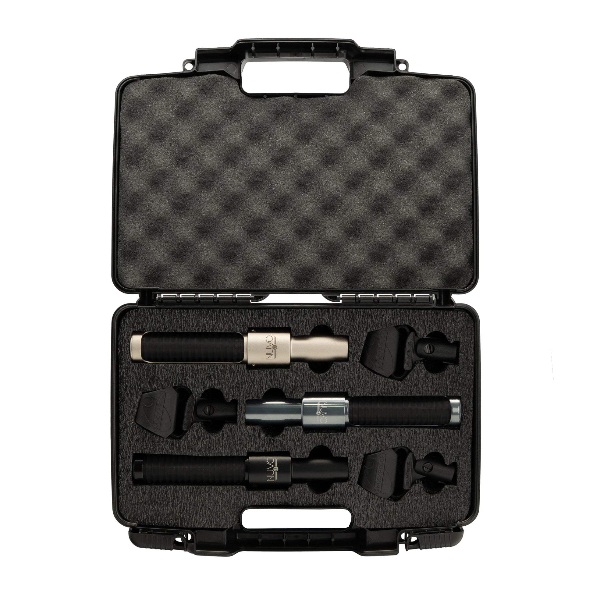 AEA NUVO Flight ribbon microphone kit in open foam-lined flight case top view