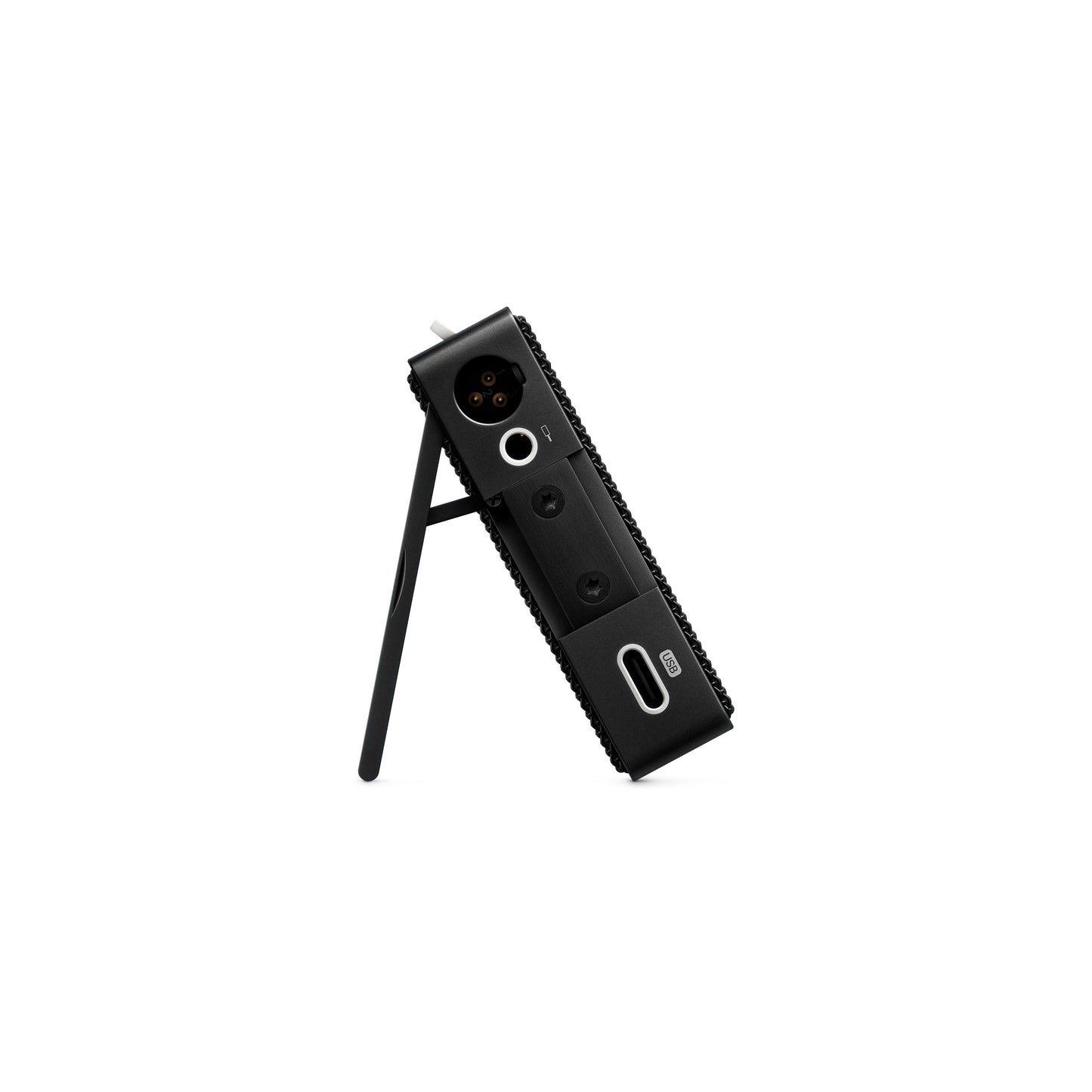 Bottom view of the Teenage Engineering CM-15 Black showing the mini XLR port, 3.5mm line output, USB-C interface, and built-in kickstand deployed