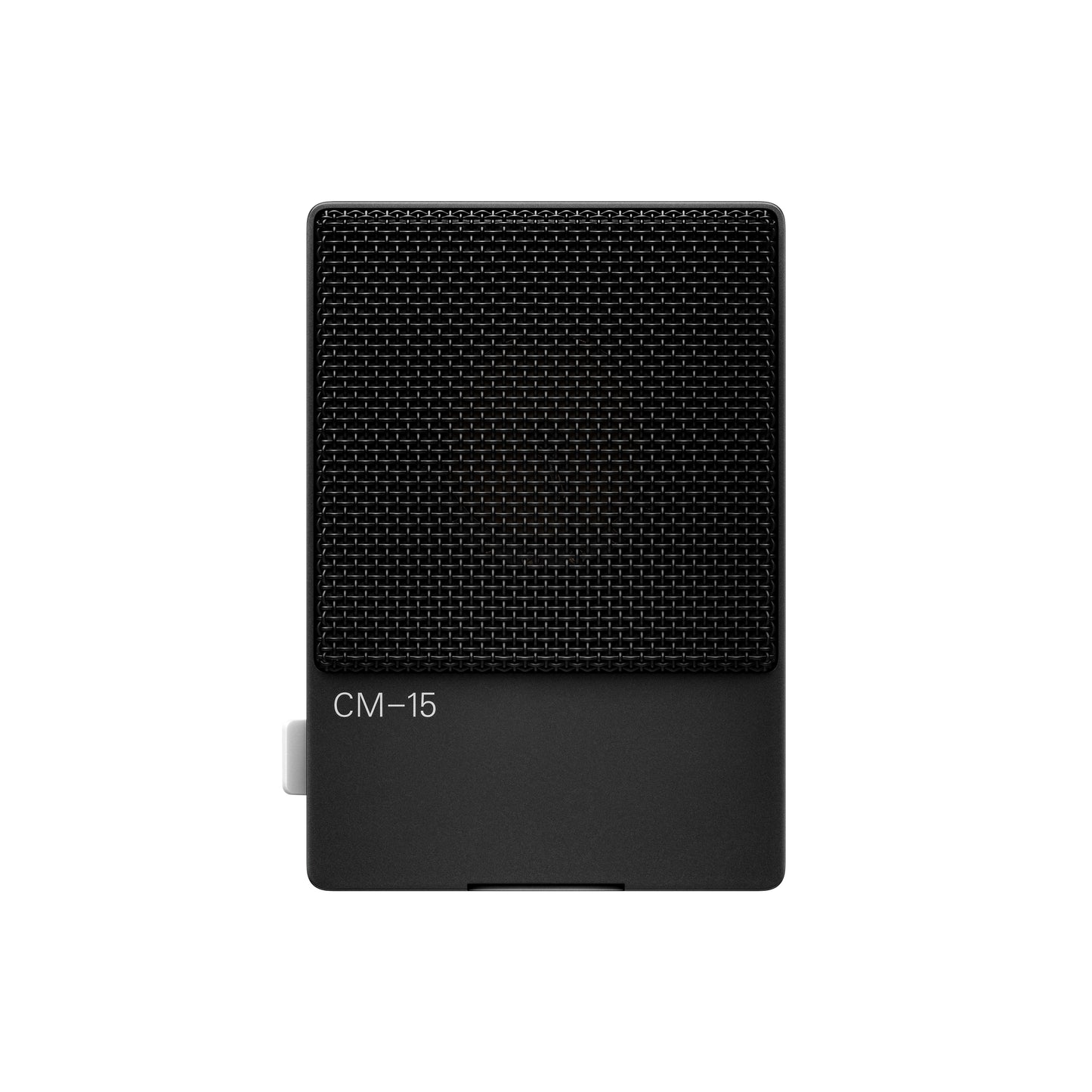 Front view of the sleek Teenage Engineering CM-15 Black field condenser microphone showing the mesh grille and clean branding