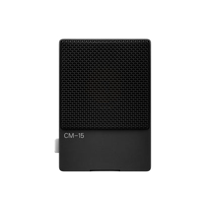 Front view of the sleek Teenage Engineering CM-15 Black field condenser microphone showing the mesh grille and clean branding