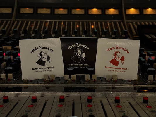 Arda Recorders 3-sticker pack with black, white and red studio logo stickers on analog mixing console