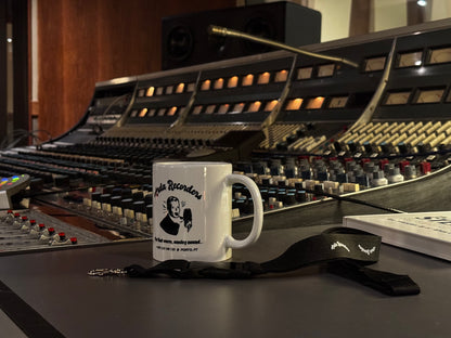 Arda Recorders white ceramic mug displayed in professional analog recording studio