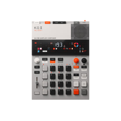 Front view of the Teenage Engineering EP–133 K.O. II sampler composer showcasing its retro-style segment digital display screen, speaker grille, and multi-colored keys