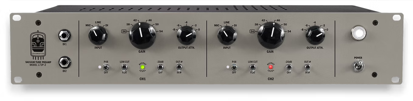 Locomotive Audio L72P dual-channel tube microphone preamp front panel