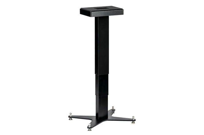 Space Lab Systems LIFT motorized adjustable studio monitor speaker stand in black finish featuring a floor leveling star base with spikes