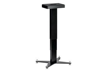 Space Lab Systems LIFT motorized adjustable studio monitor speaker stand in black finish featuring a floor leveling star base with spikes