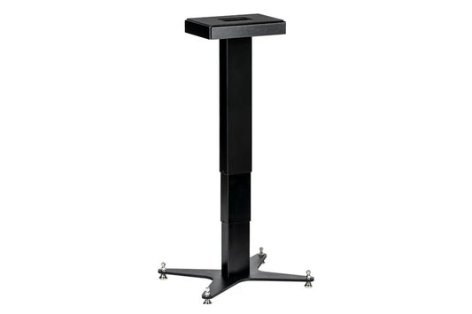 Space Lab Systems LIFT motorized adjustable studio monitor speaker stand in black finish featuring a floor leveling star base with spikes