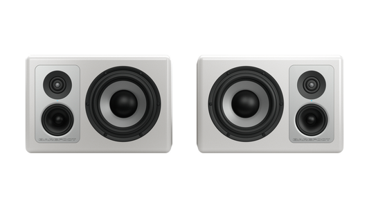 Front view of the Barefoot Sound Linear White Footprint03 active studio monitors shown as a mirrored stereo pair.