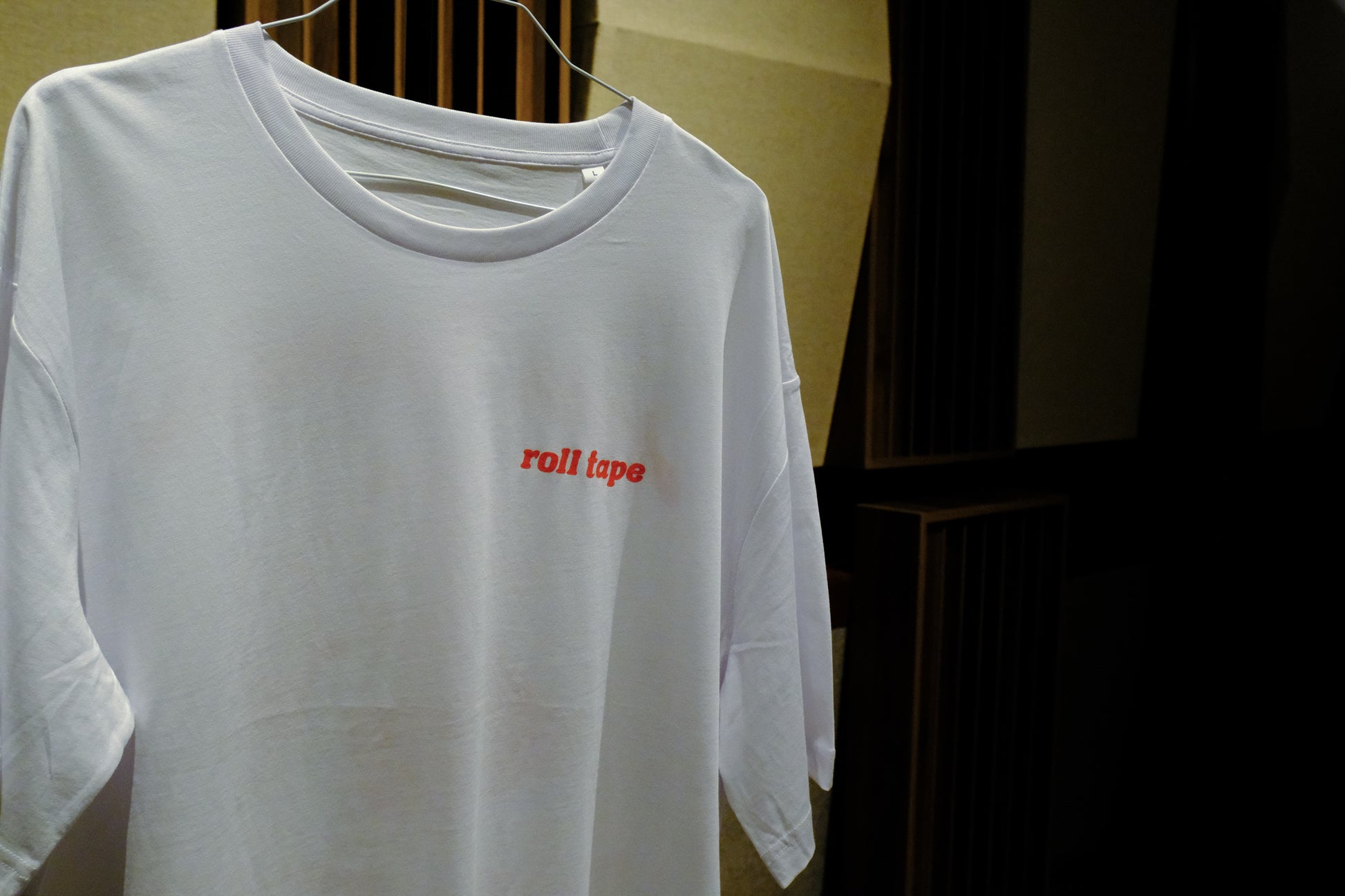 White Roll Tape Relaxed Fit T-Shirt by Arda Recorders front close-up
