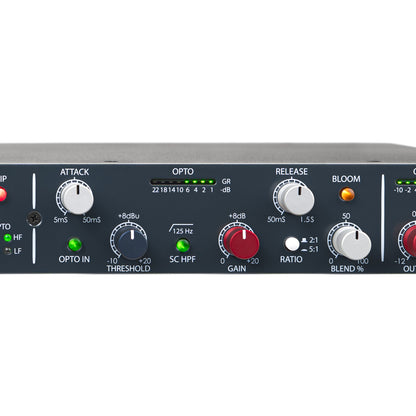 Rupert Neve Designs OptoFET optical compressor controls with attack, release, threshold, gain and BLOOM mode