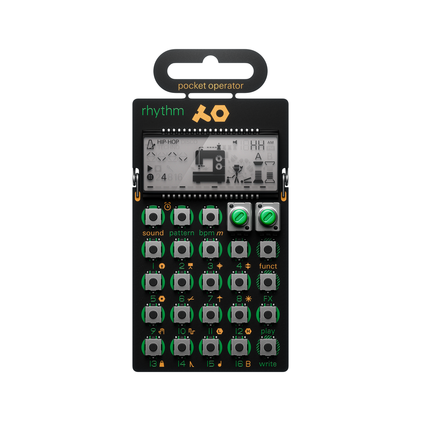 Front view of the Teenage Engineering PO-12 Rhythm drum machine showing its sewing machine animated LCD screen and green control keys