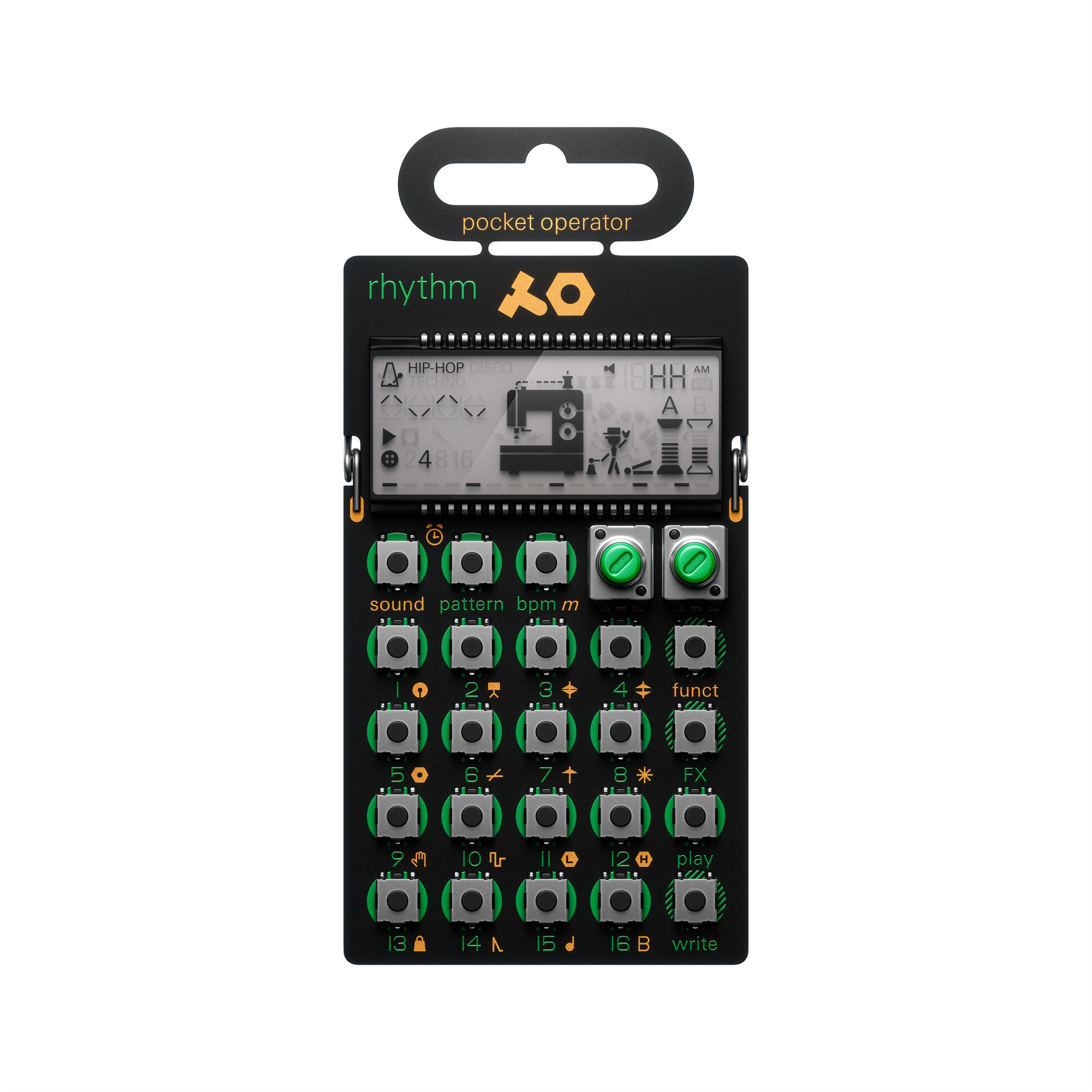 Front view of the Teenage Engineering PO-12 Rhythm drum machine showing its sewing machine animated LCD screen and green control keys