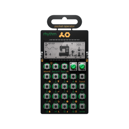 Front view of the Teenage Engineering PO-12 Rhythm drum machine showing its sewing machine animated LCD screen and green control keys