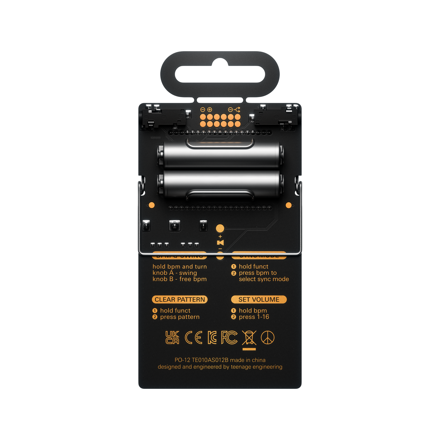 Rear view of the Teenage Engineering PO-12 Rhythm pocket sequencer circuit board with its dual AAA battery compartment