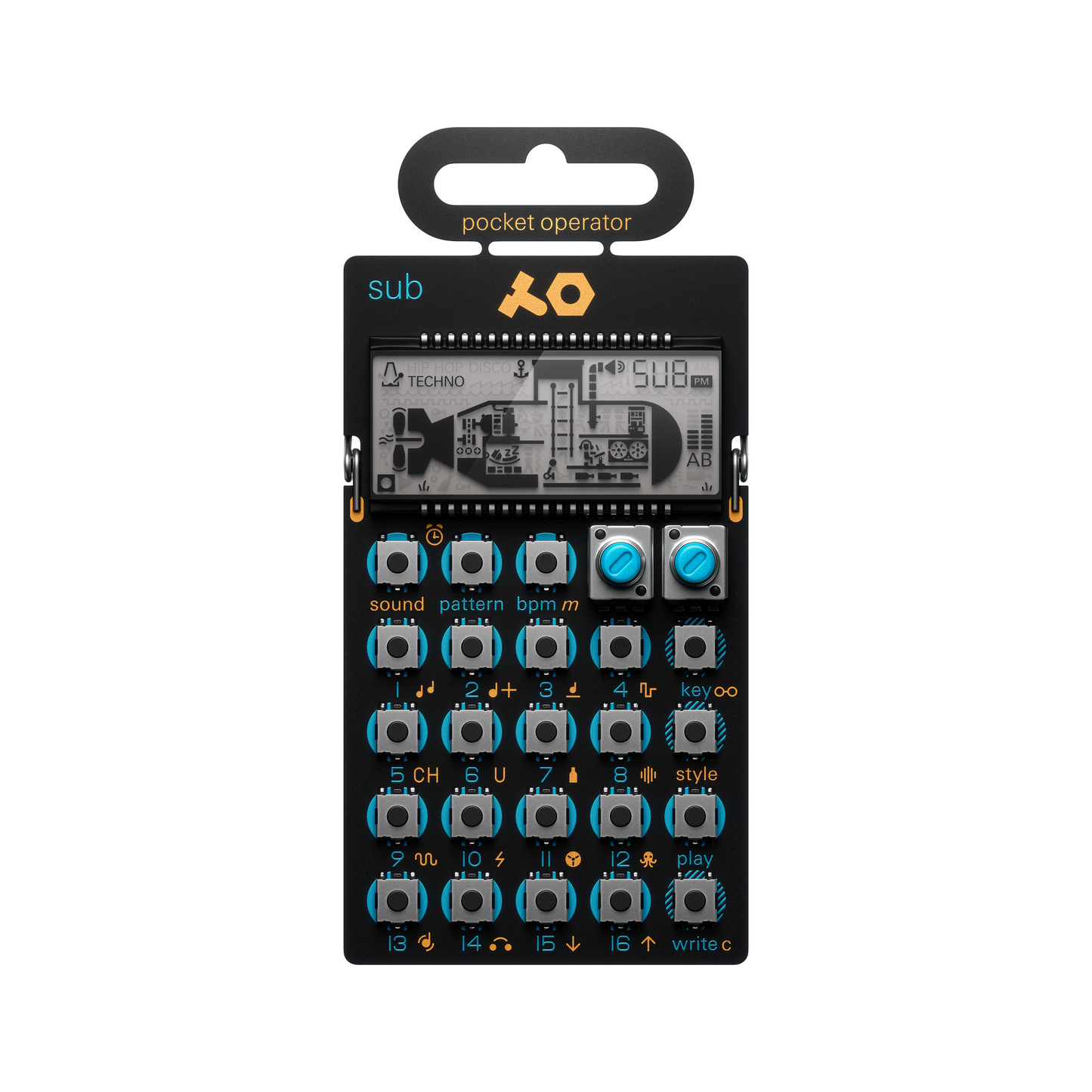 Front view of the Teenage Engineering PO-14 Sub deep bass line synthesizer showing the specialized submarine graphic LCD screen and blue-ringed keys