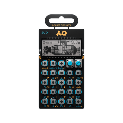 Front view of the Teenage Engineering PO-14 Sub deep bass line synthesizer showing the specialized submarine graphic LCD screen and blue-ringed keys