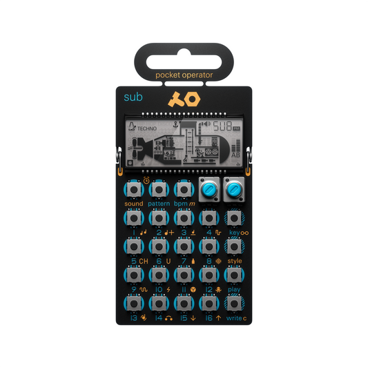 Front view of the Teenage Engineering PO-14 Sub deep bass line synthesizer showing the specialized submarine graphic LCD screen and blue-ringed keys