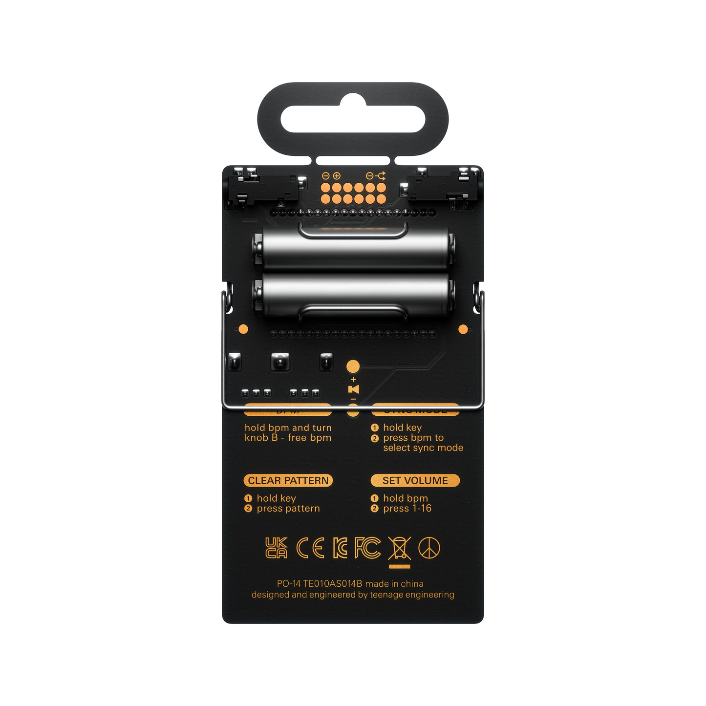 Rear circuit board view of the Teenage Engineering PO-14 Sub pocket synthesizer displaying the battery slot loaded with two AAA batteries