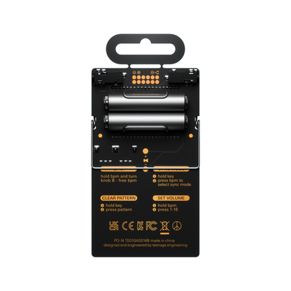 Rear circuit board view of the Teenage Engineering PO-14 Sub pocket synthesizer displaying the battery slot loaded with two AAA batteries