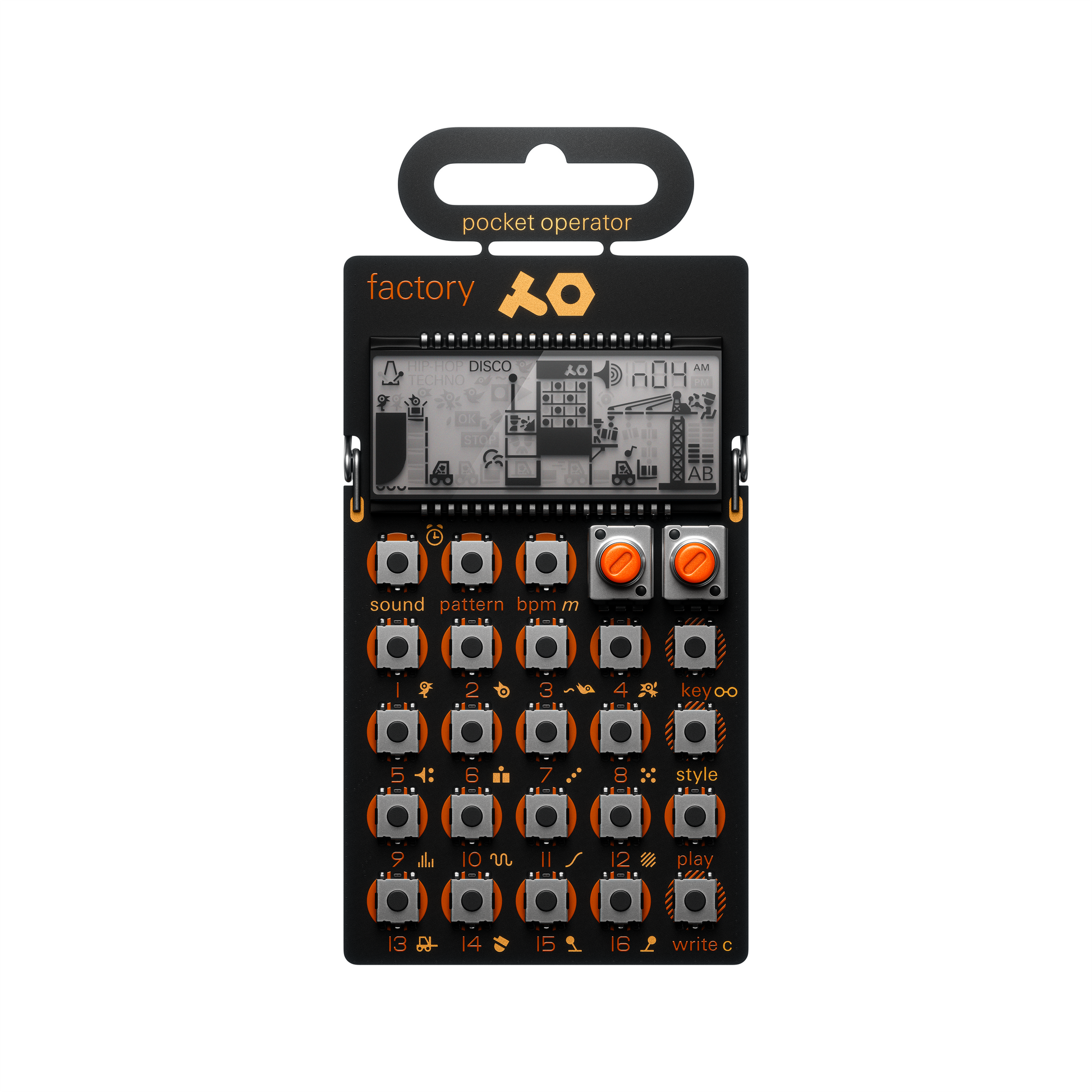 Front view of the Teenage Engineering PO-16 Factory lead synthesizer and sequencer showing its graphical LCD interface and orange-accented buttons