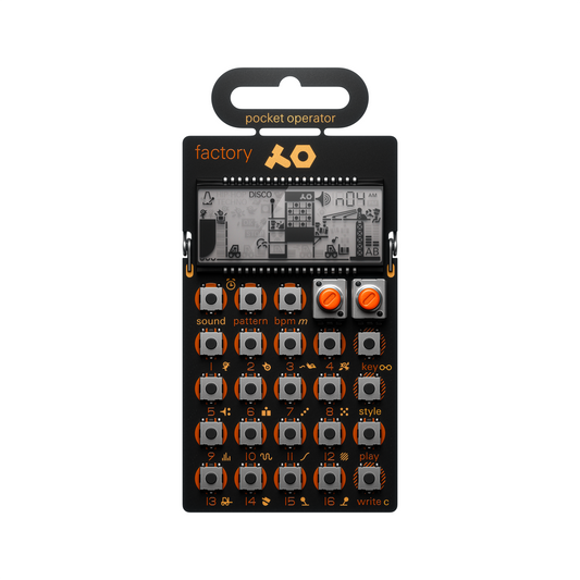 Front view of the Teenage Engineering PO-16 Factory lead synthesizer and sequencer showing its graphical LCD interface and orange-accented buttons
