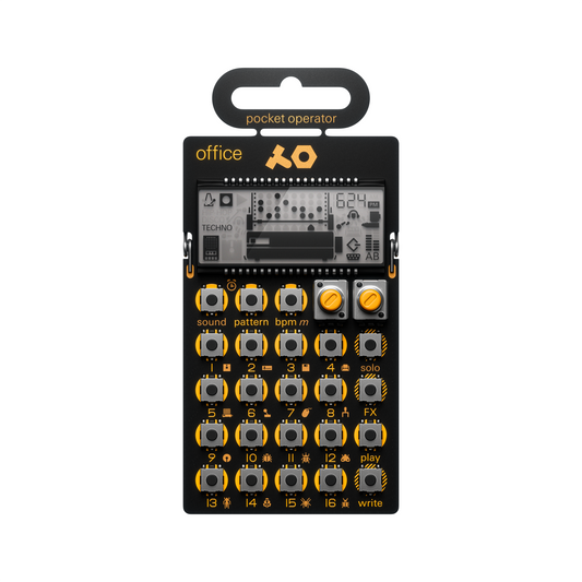 Side profile view of the slim Teenage Engineering PO-24 Office Pocket Operator sitting on its integrated metal stand with a yellow control knob visible
