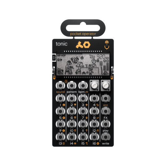 Side profile view of the ultra-portable Teenage Engineering PO-32 Tonic Pocket Operator synth resting on its built-in metal stand