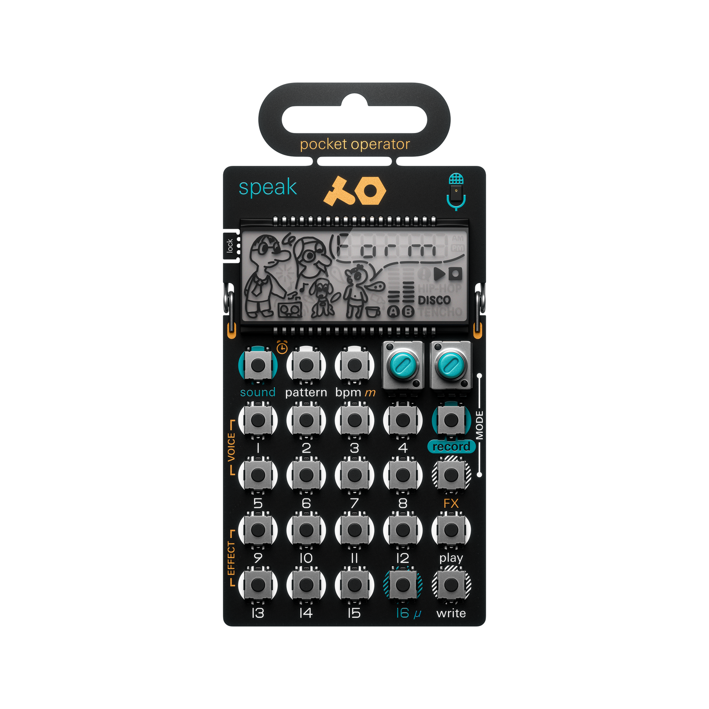 Teenage Engineering PO-35 Speak pocket operator vocal synthesizer front view showing LCD screen step buttons and gold accent layout