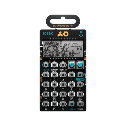 Teenage Engineering PO-35 Speak pocket operator vocal synthesizer front view showing LCD screen step buttons and gold accent layout