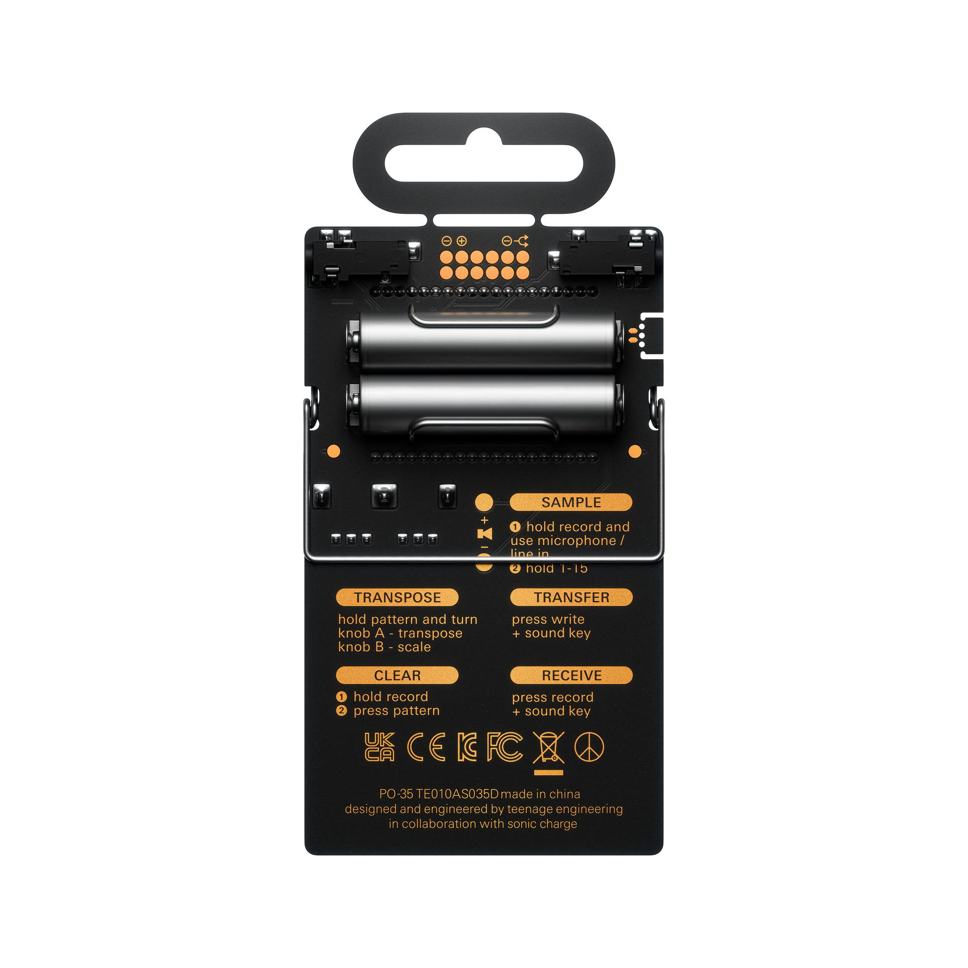 Rear view of Teenage Engineering PO-35 Speak showing AAA battery compartment and gold silkscreen function shortcut guide