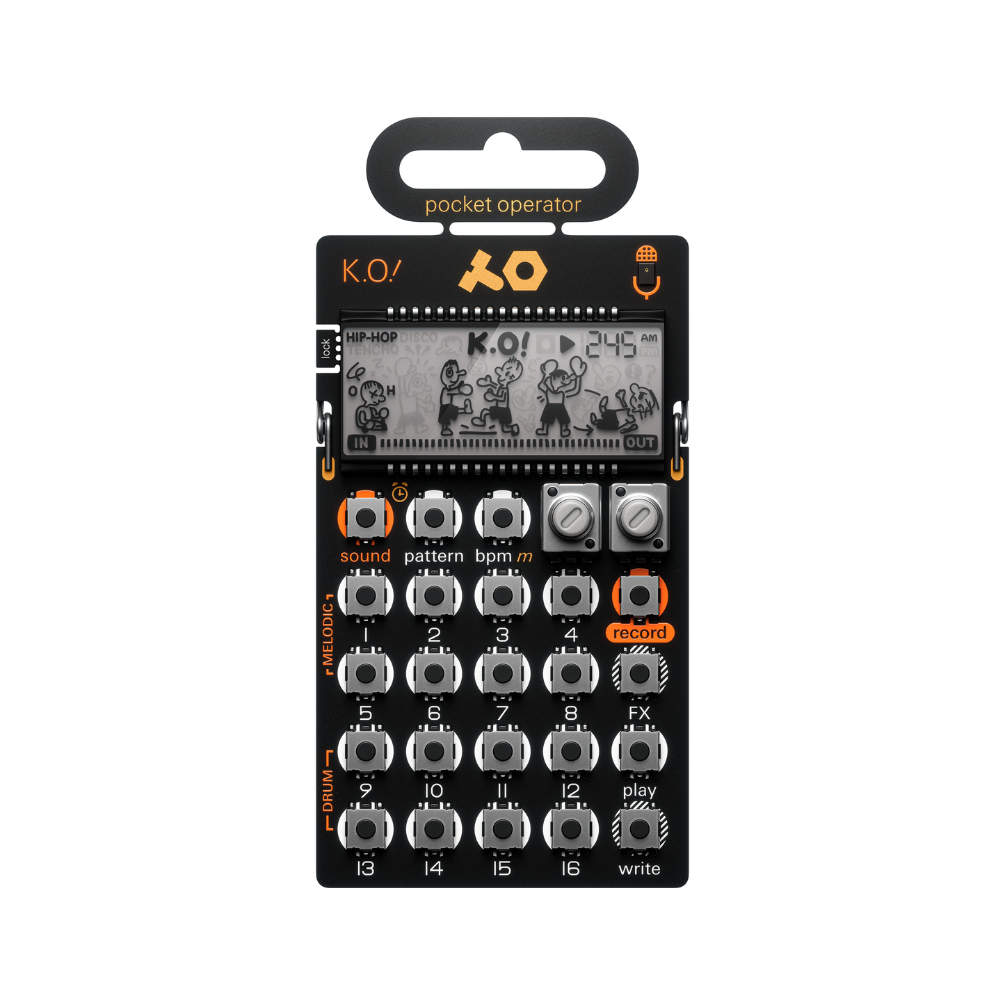 Front view of the Teenage Engineering PO-33 K.O! Pocket Operator micro sampler showing the LCD screen and sequencing buttons.