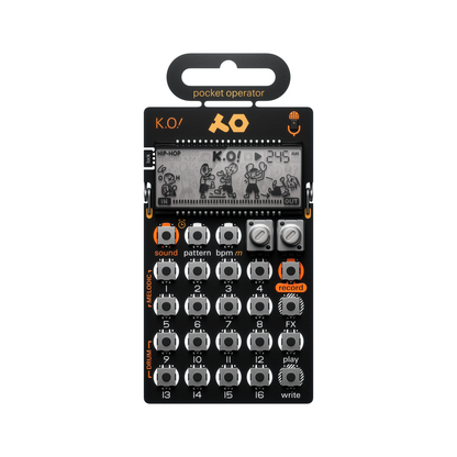 Front view of the Teenage Engineering PO-33 K.O! Pocket Operator micro sampler showing the LCD screen and sequencing buttons.