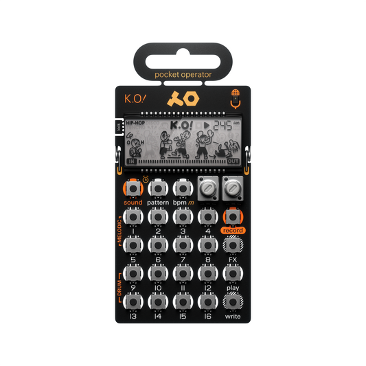Front view of the Teenage Engineering PO-33 K.O! Pocket Operator micro sampler showing the LCD screen and sequencing buttons.