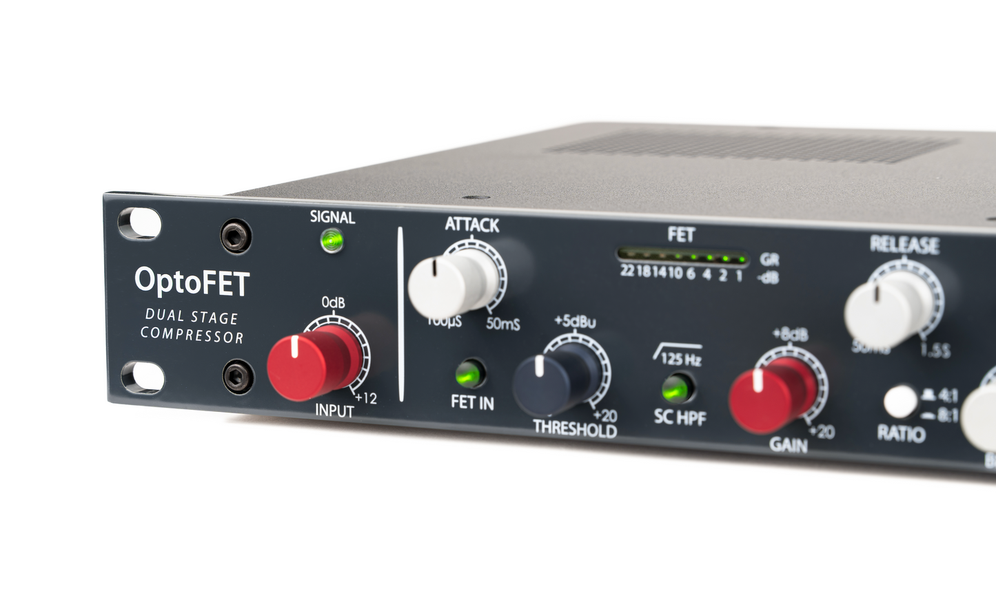 Angled view of Rupert Neve Designs OptoFET analog FET and optical compressor in 1U rack format