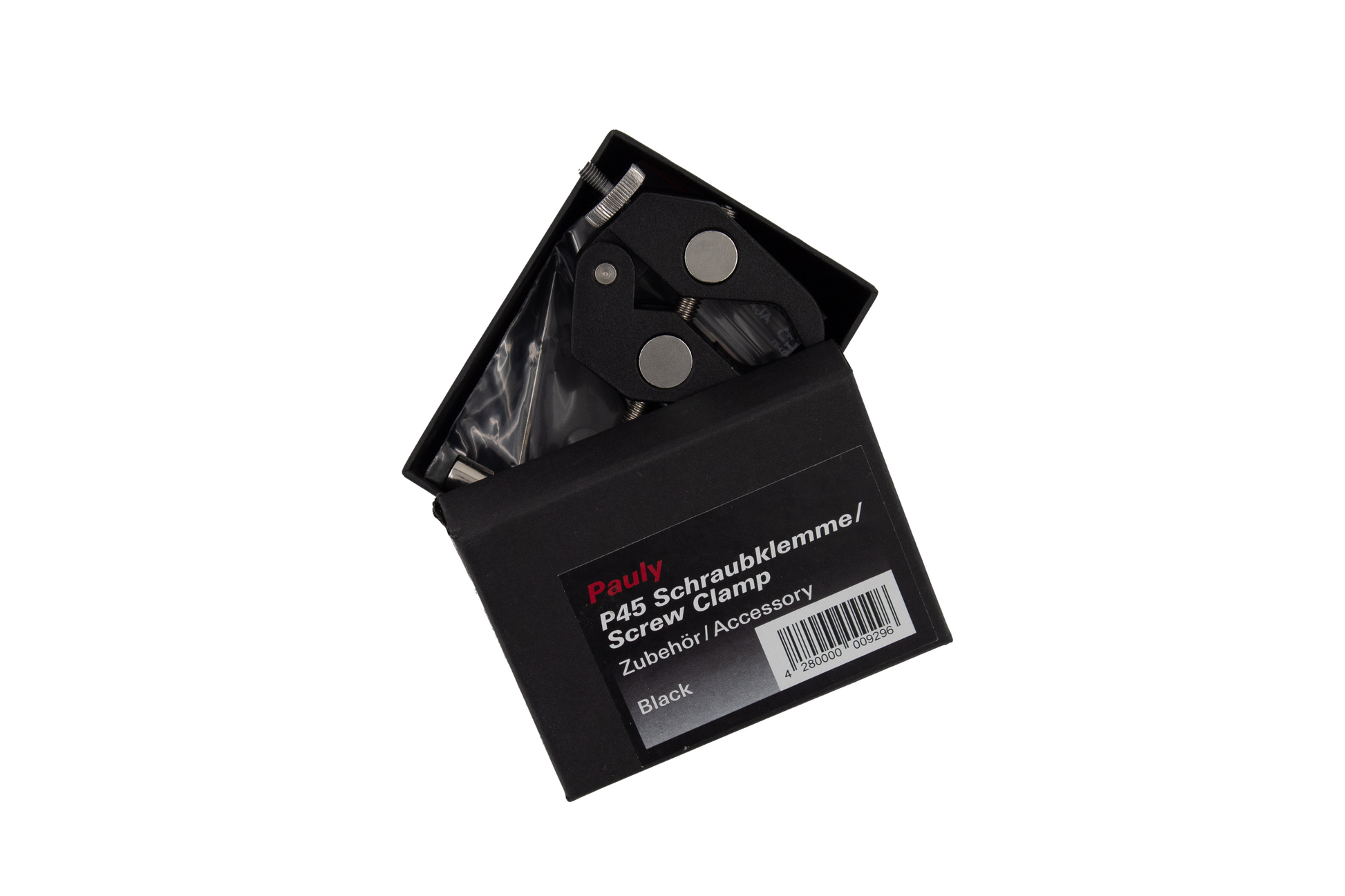Pauly P45 Schraubklemme Screw Clamp black accessory unboxed in its original black retail packaging showing barcode sticker