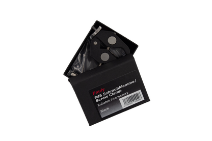 Pauly P45 Schraubklemme Screw Clamp black accessory unboxed in its original black retail packaging showing barcode sticker