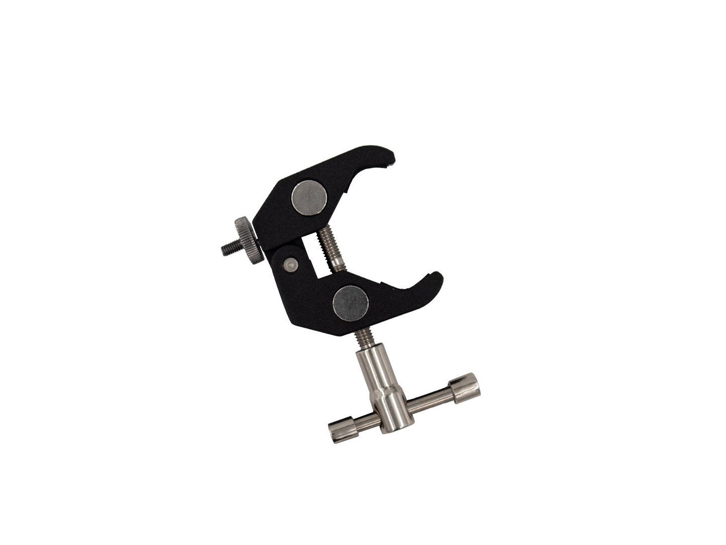 PaulyTon P45 Screw Clamp in black finish shown with the clamp jaw fully open and adjustable T-bar handle extended
