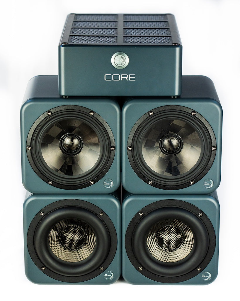 Front view of Ex Machina Selene and Poseidon coaxial studio monitor system