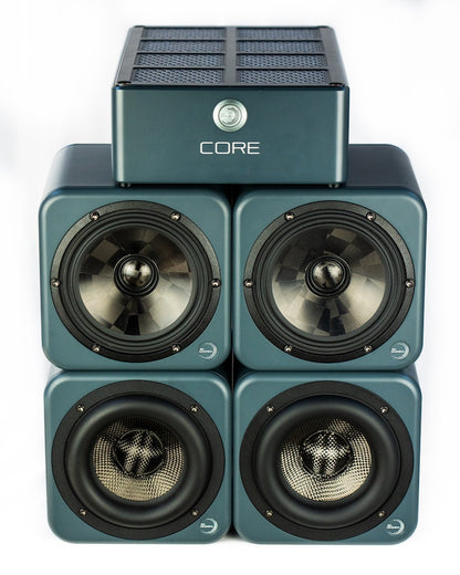 Front view of Ex Machina Selene and Poseidon coaxial studio monitor system