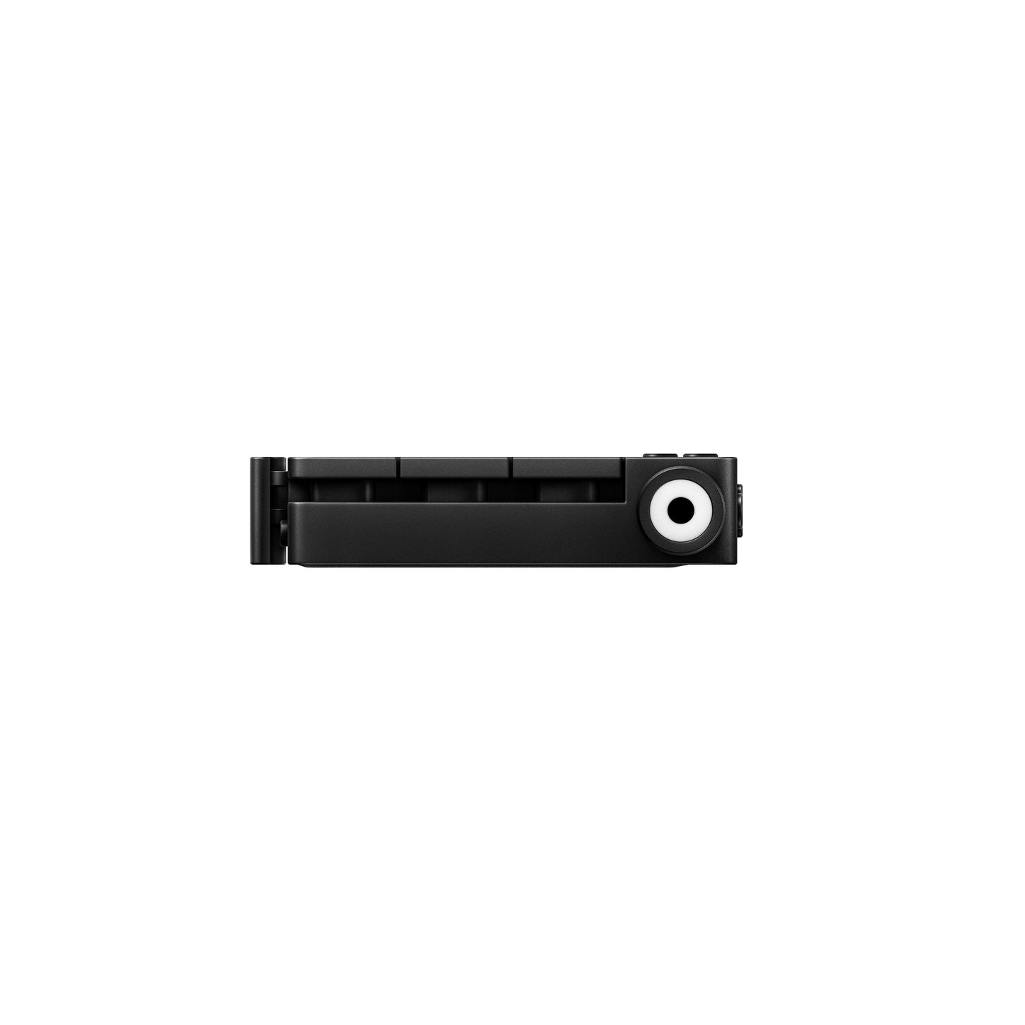 Bottom side profile of Teenage Engineering TP-7 Black recorder highlighting the main headphones output jack and matte black textured chassis
